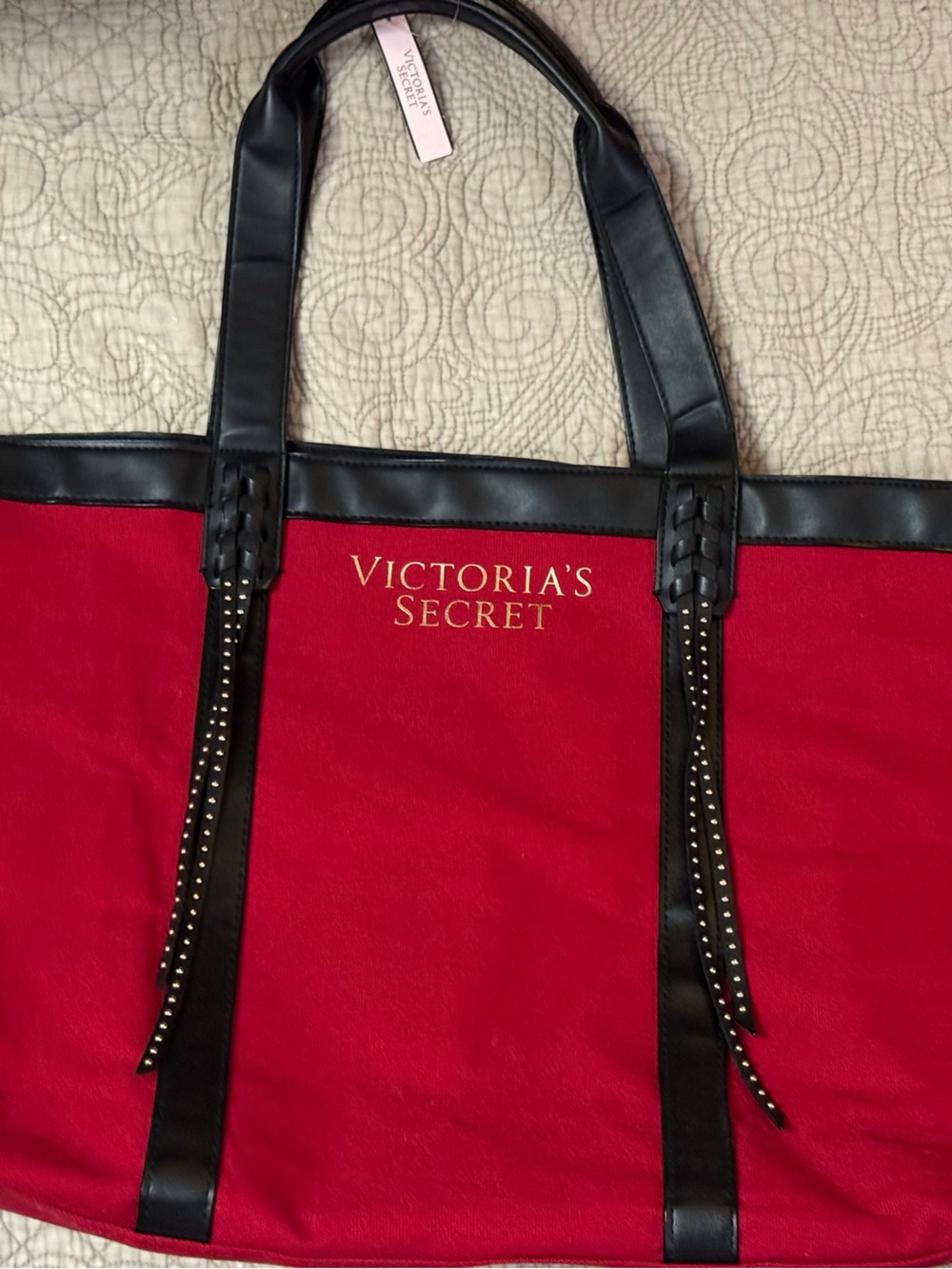 Victoria's Secret Red Canvas Tote with Black Trim and Studded Straps